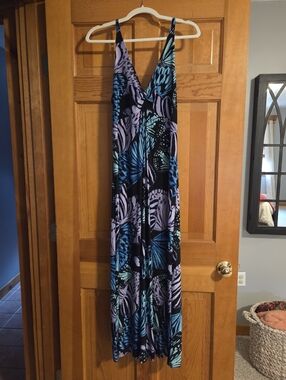 🎈2/$15 Mixit Black Dress with Blue and Lavender Butterfly Motif- L